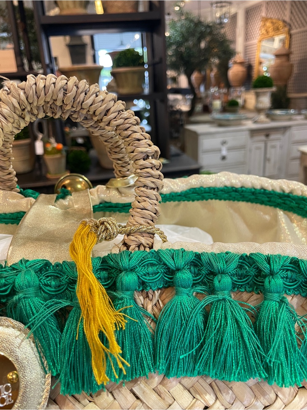 Tizzini x Authentic Provence Woven Straw Tote with Green Fringe and Yellow Poms - Picture 4 of 10